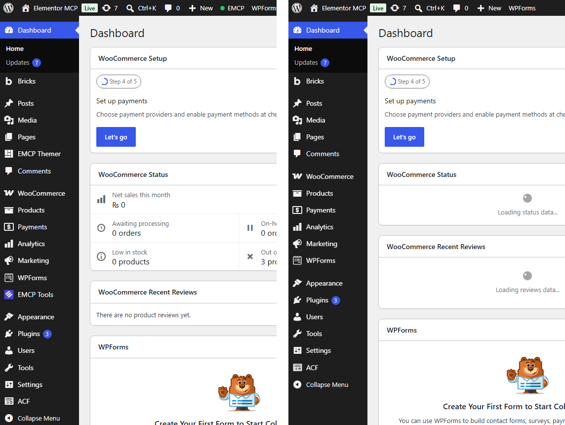 Two WordPress admin menus side by side: on the left a listed administrator sees EMCP Themer under Pages and EMCP Tools above Appearance; on the right an administrator who is not listed sees the same menu without either entry