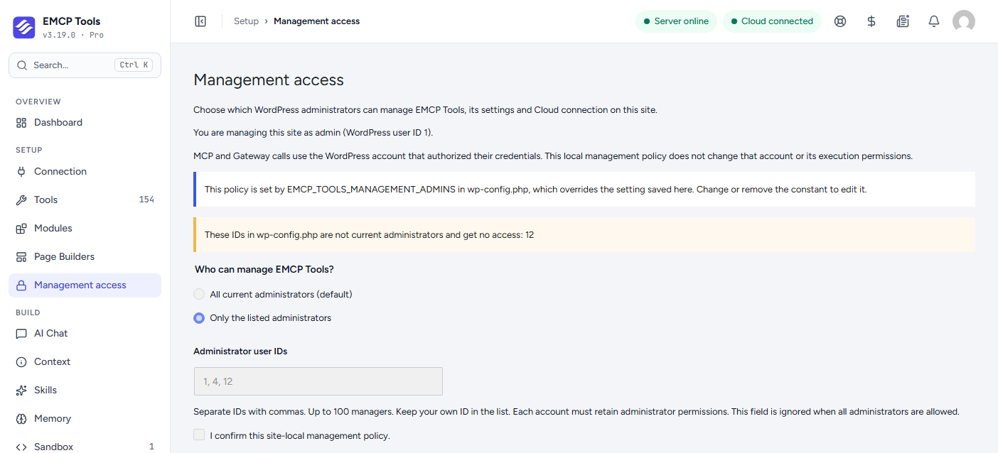 Management access with the policy set in wp-config.php: an information notice that EMCP_TOOLS_MANAGEMENT_ADMINS overrides the saved setting, a warning that ID 12 is not a current administrator and gets no access, and the form greyed out with the IDs 1, 4, 12