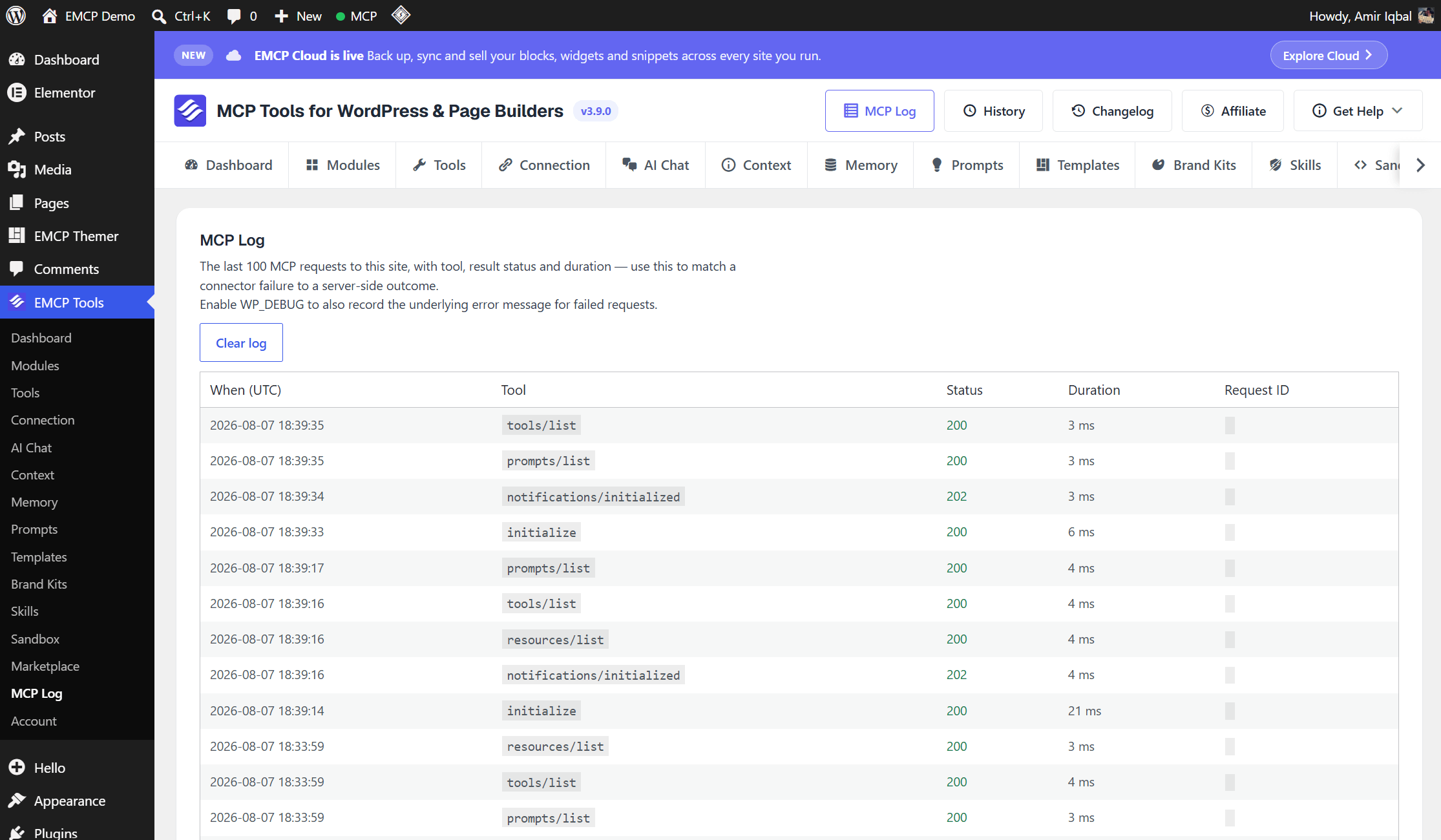 EMCP Tools → MCP Log screen listing recent requests with tool, status, duration, and request ID columns
