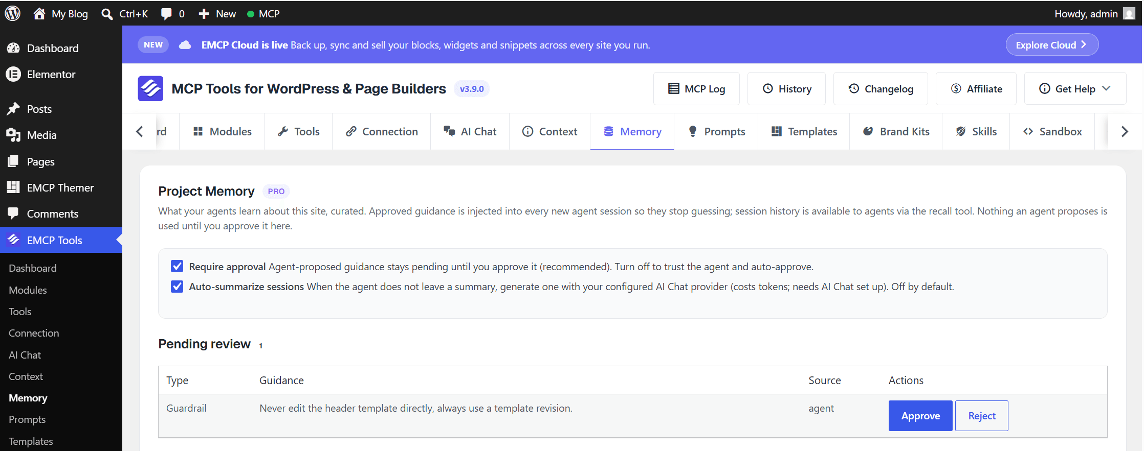 EMCP Tools → Memory tab, Pending review section with a proposal row and Approve/Reject buttons