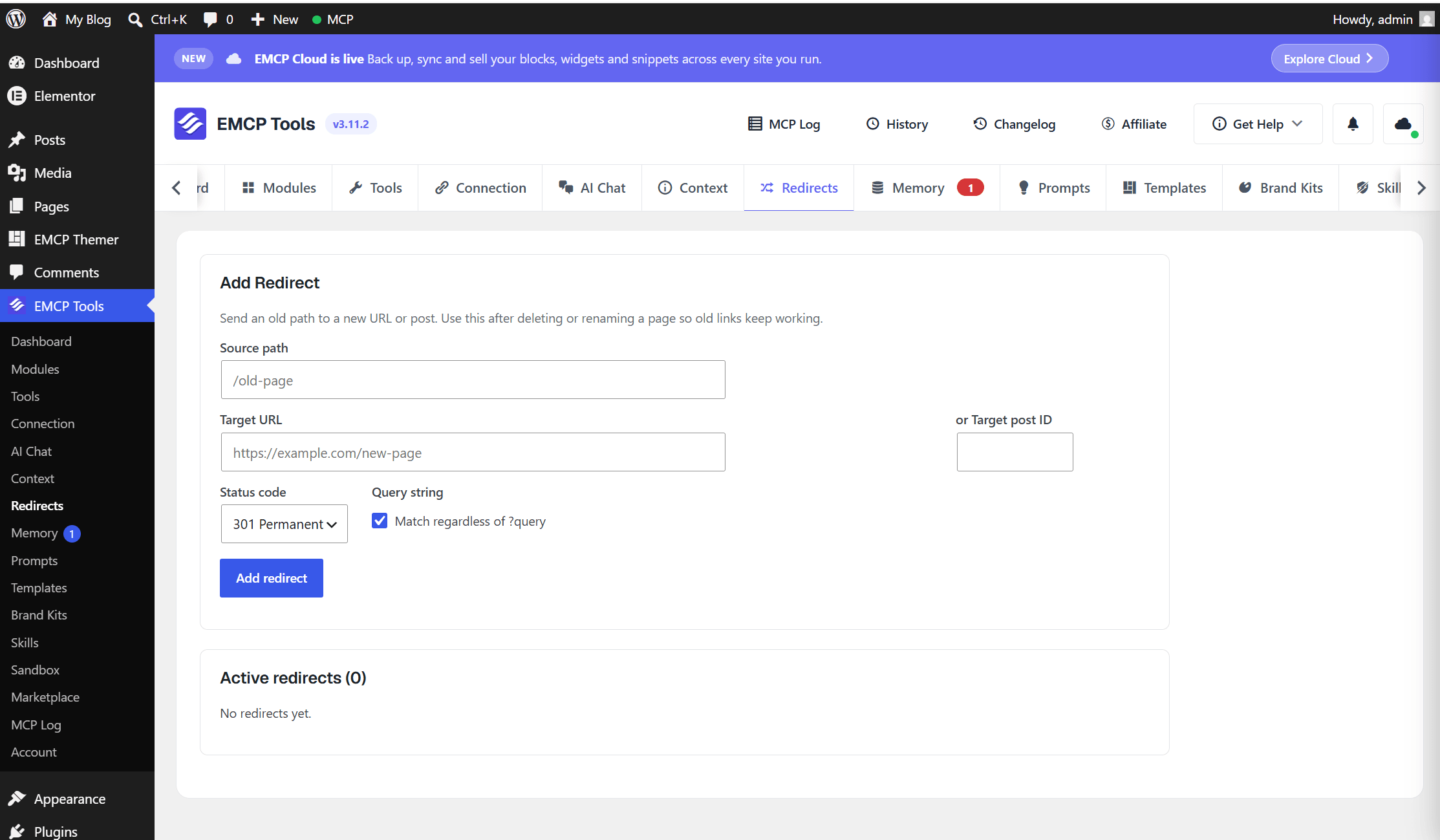 EMCP Tools → Redirects tab, Add/Edit Redirect form with Source, Target, Status code, and the match-query checkbox