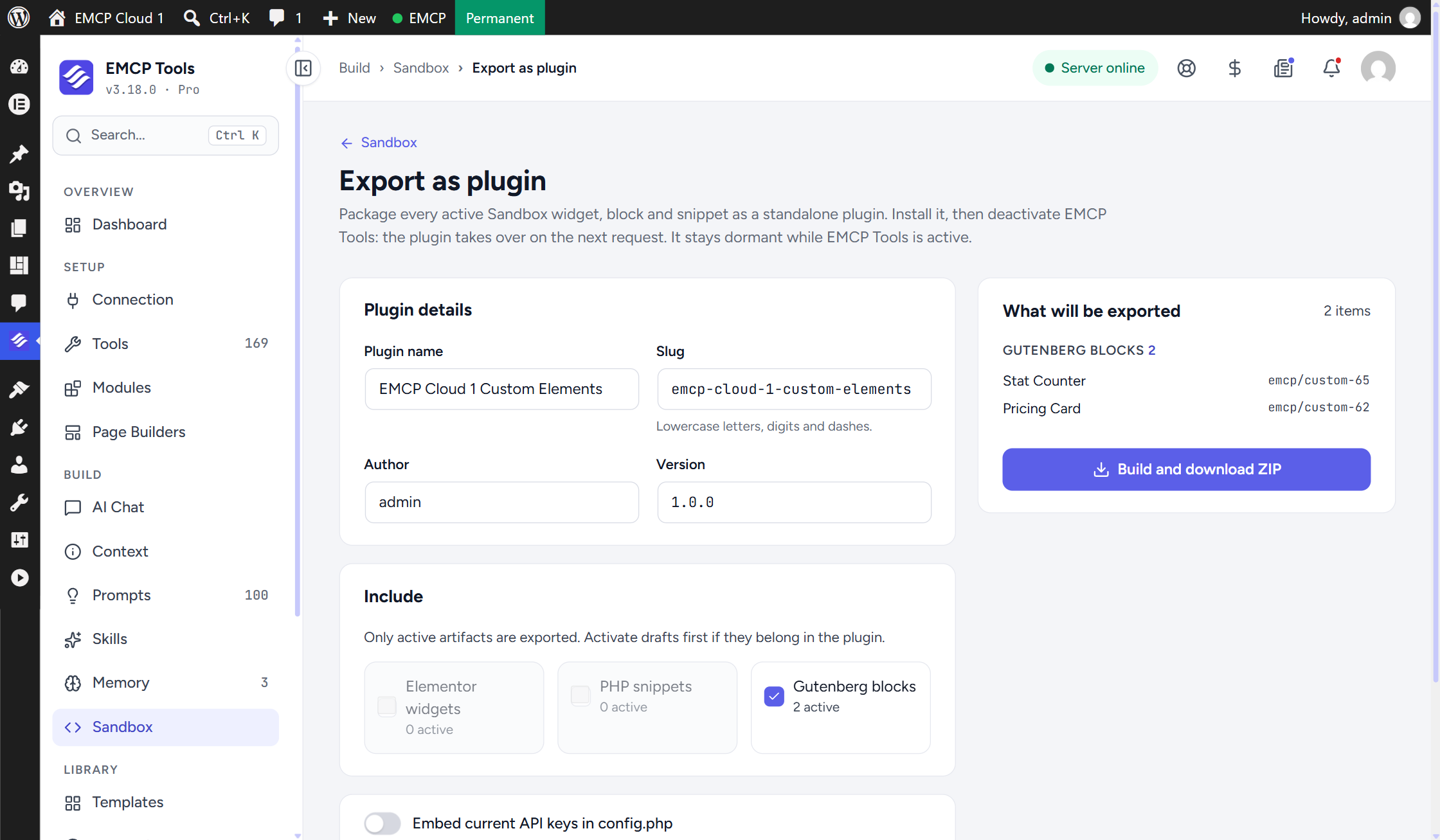 The Export as plugin screen with plugin name, slug, author and version fields, an Include section, and a list of the blocks that will be exported.
