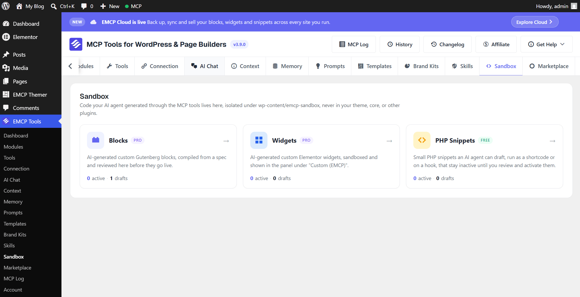EMCP Tools → Sandbox overview, three cards for Blocks, Widgets, and PHP Snippets with active/draft counts