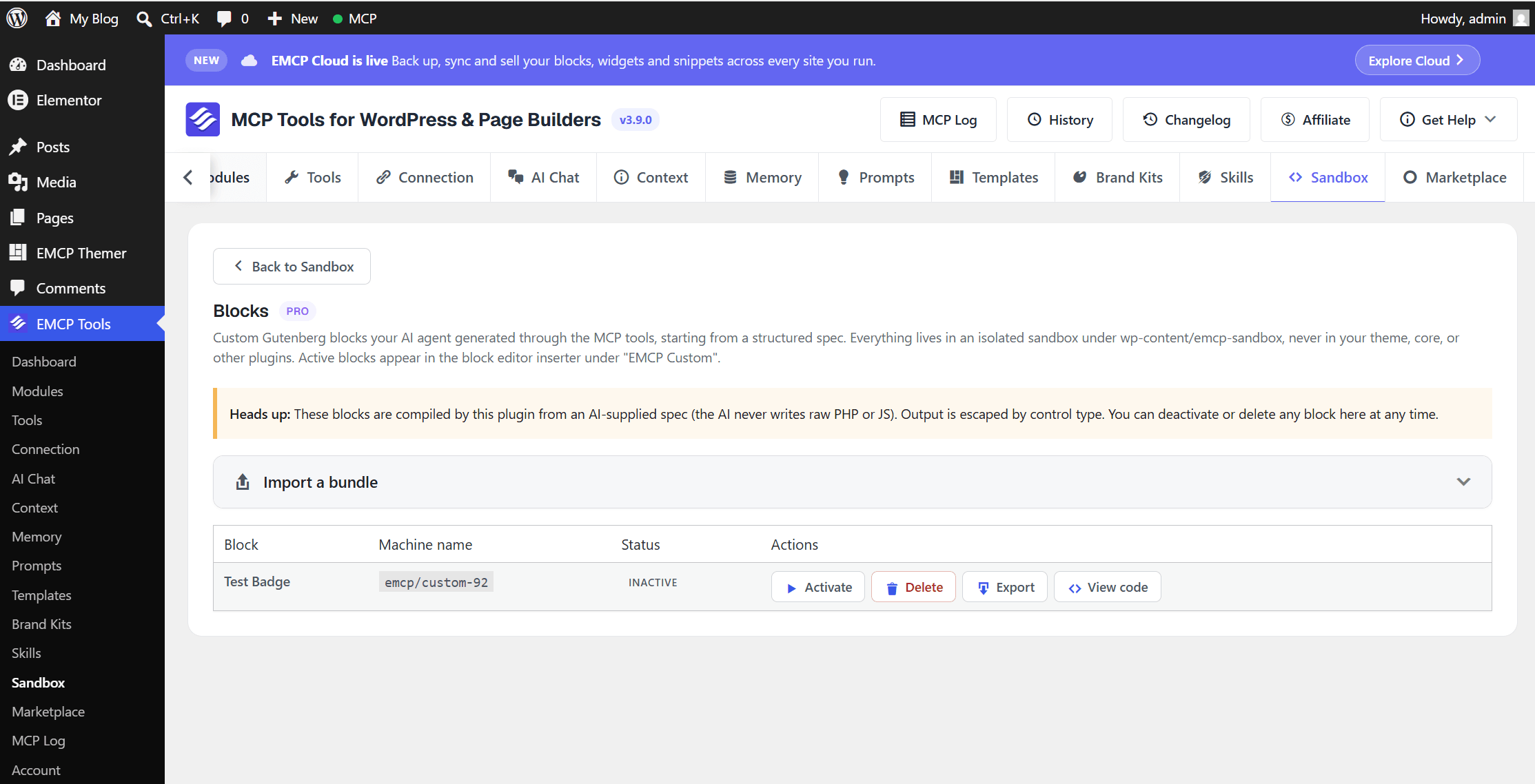 Sandbox Blocks management screen, a table of custom blocks with Activate/Deactivate, Delete, Export, and View code actions
