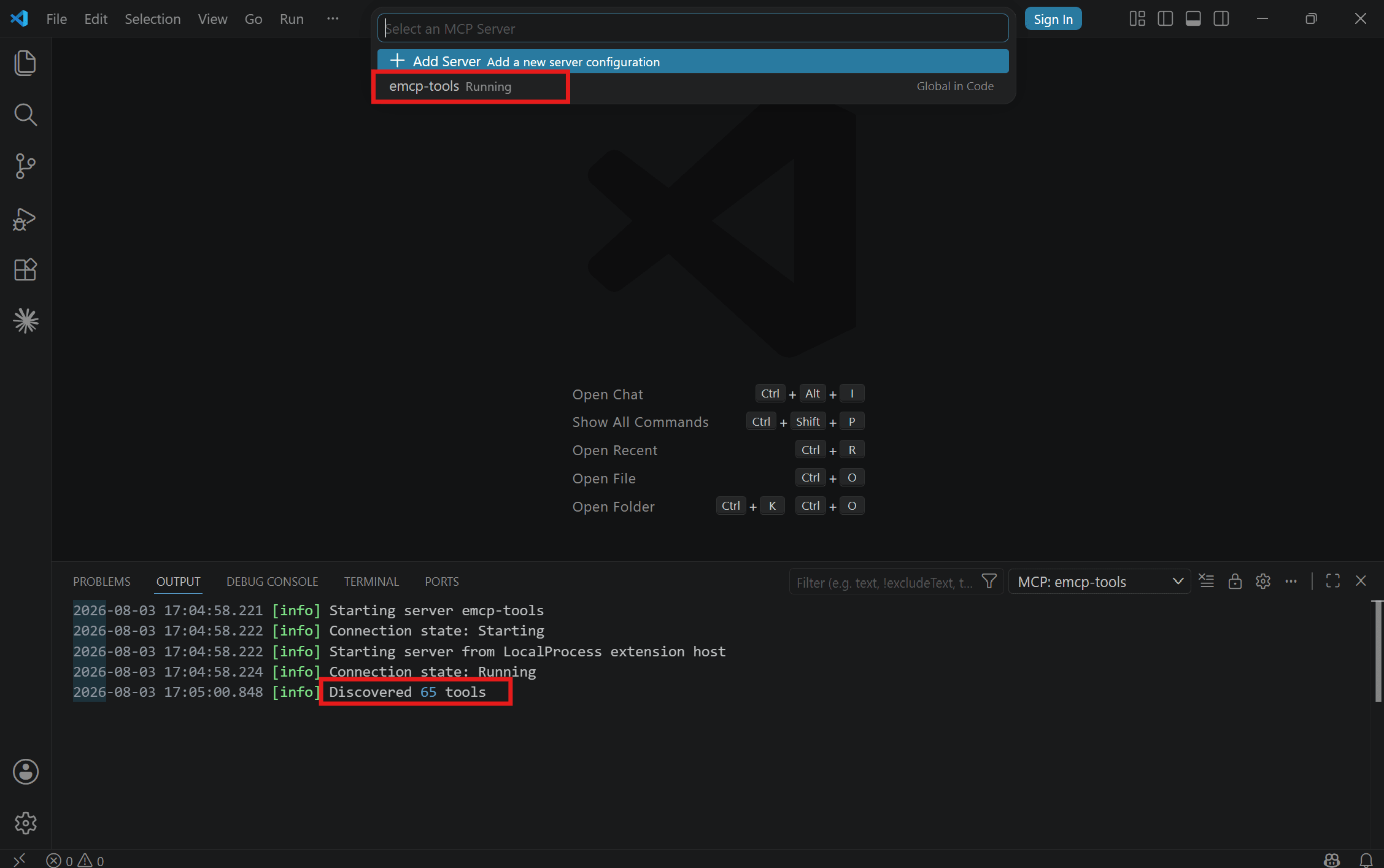 VS Code MCP: Show Servers panel listing emcp-tools with a tool count
