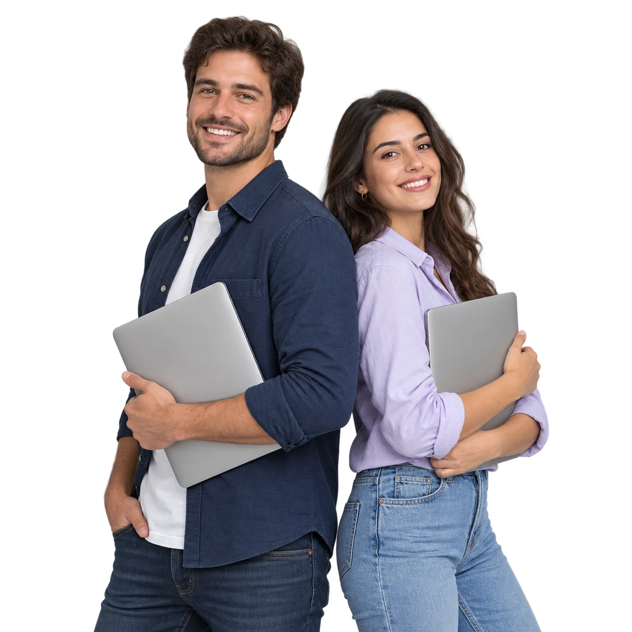 Two smiling students holding laptops, surrounded by EMCP and integration logos.