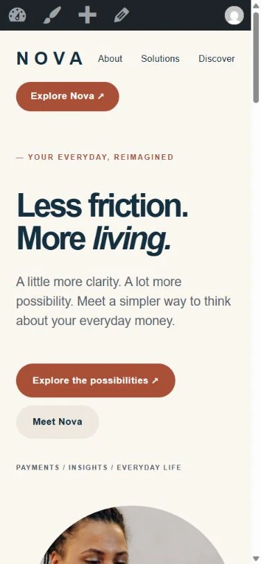Nova's mobile hero with stacked navigation, heading and call-to-action buttons