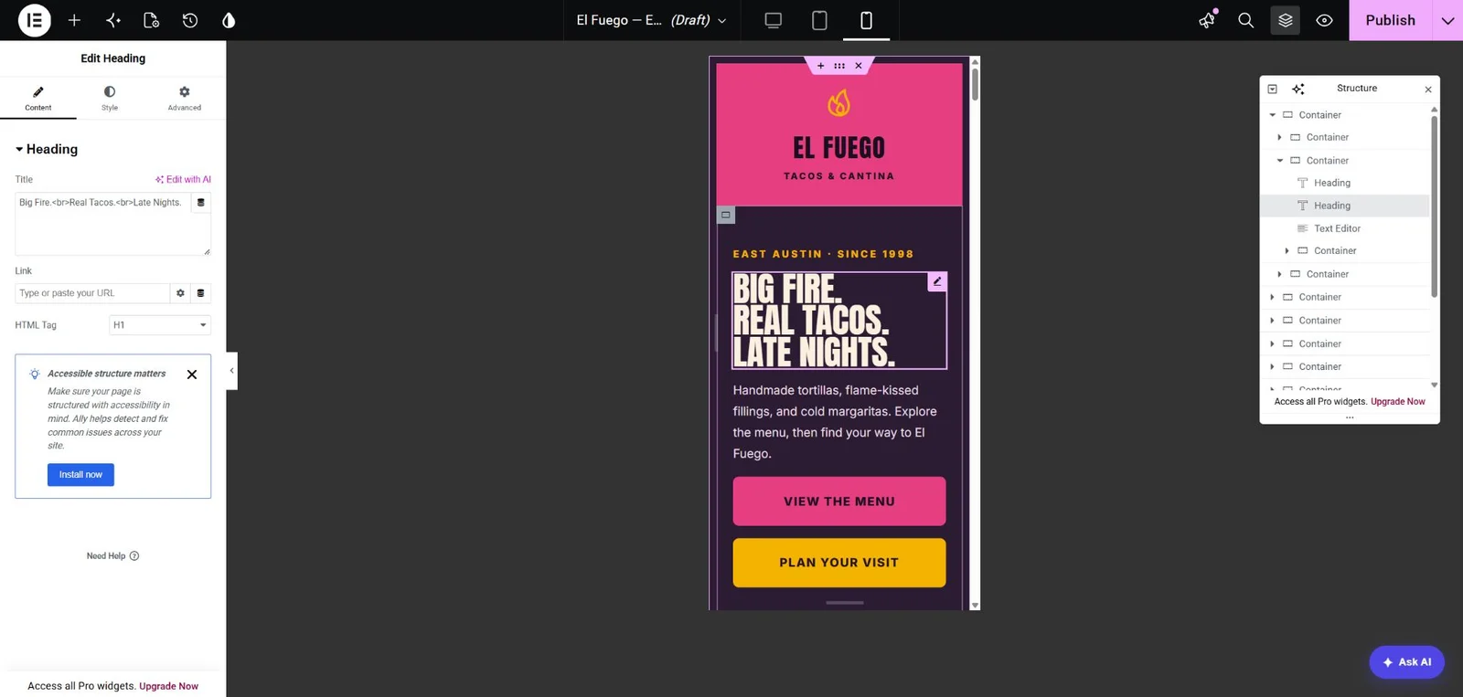 Elementor mobile preview showing the original headline and full-width stacked buttons aligned with the copy.