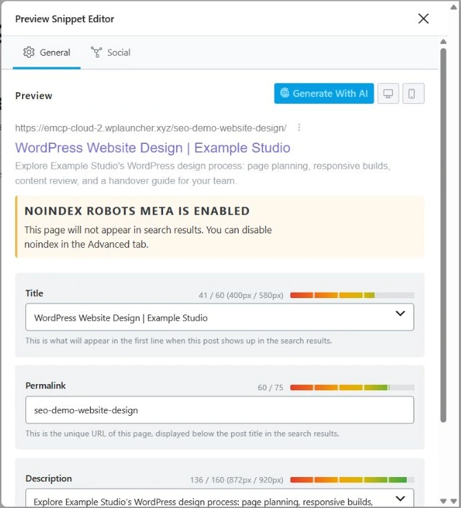 Focused Rank Math snippet editor showing the verified WordPress Website Design title, description preview and retained noindex warning.