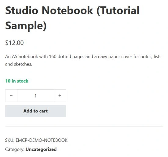 Cropped updated product summary with A5 format, 160 dotted pages and navy paper cover; price, stock and SKU remain the same.