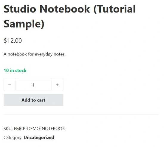 Cropped original product summary with the vague one-line description, price, stock and SKU.