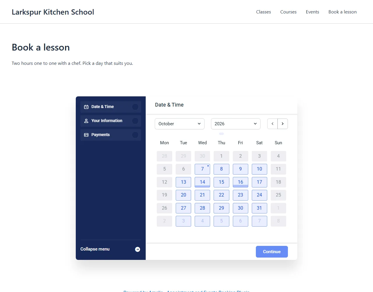 Amelia's step booking form on the Book a lesson page: a Date and Time calendar for October 2026 with Tuesdays to Saturdays available.