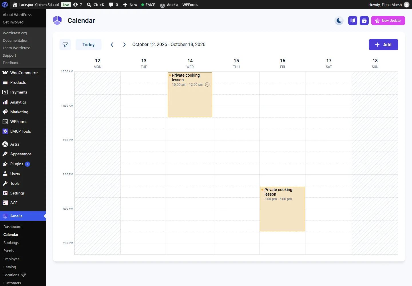Amelia admin calendar for 12 to 18 October 2026 with two Private cooking lesson appointments, on Wednesday at 10 and Friday at 3 pm.