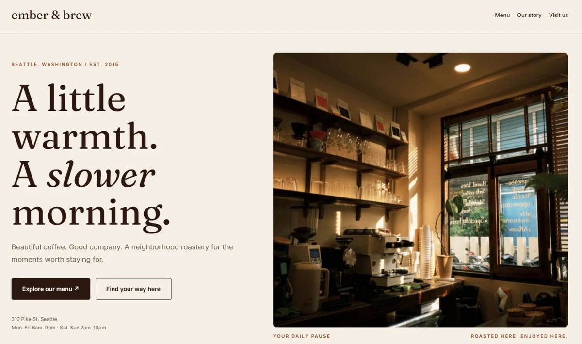 Ember and Brew café page built in Elementor