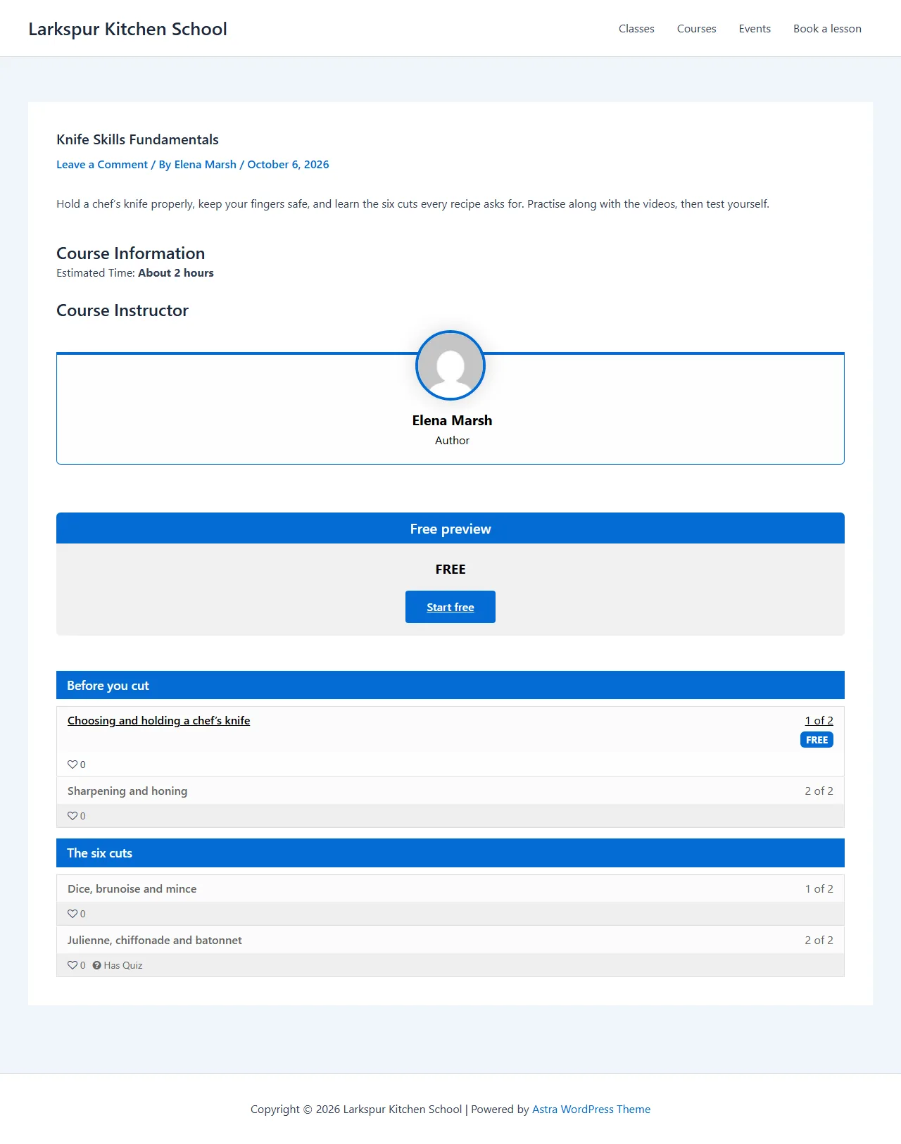 LifterLMS course page for Knife Skills Fundamentals with course information, instructor Elena Marsh, a Free preview plan and the two-section syllabus.