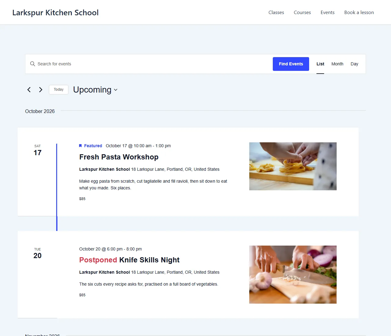 The Events Calendar list view: Fresh Pasta Workshop marked Featured on 17 October, and Knife Skills Night marked Postponed on 20 October, each with venue, price and photo.