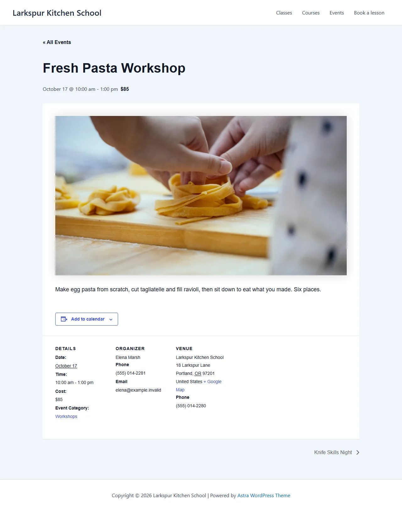 Single event page for Fresh Pasta Workshop with its photo, description, date, cost, organizer and venue details.