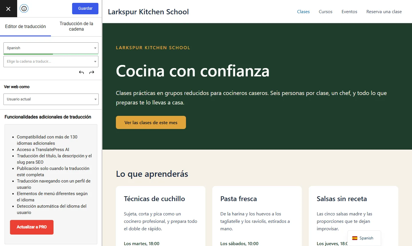 TranslatePress’s translation editor in Spanish, with its sidebar on the left and the translated page on the right.