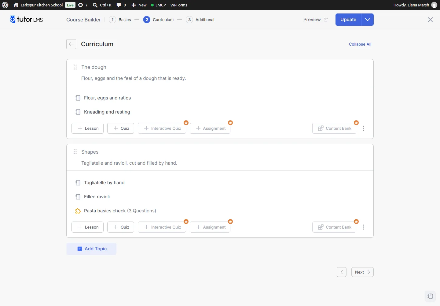 Tutor LMS course builder on the Curriculum step: topic The dough with two lessons, and topic Shapes with two lessons and the Pasta basics check quiz with 3 questions.