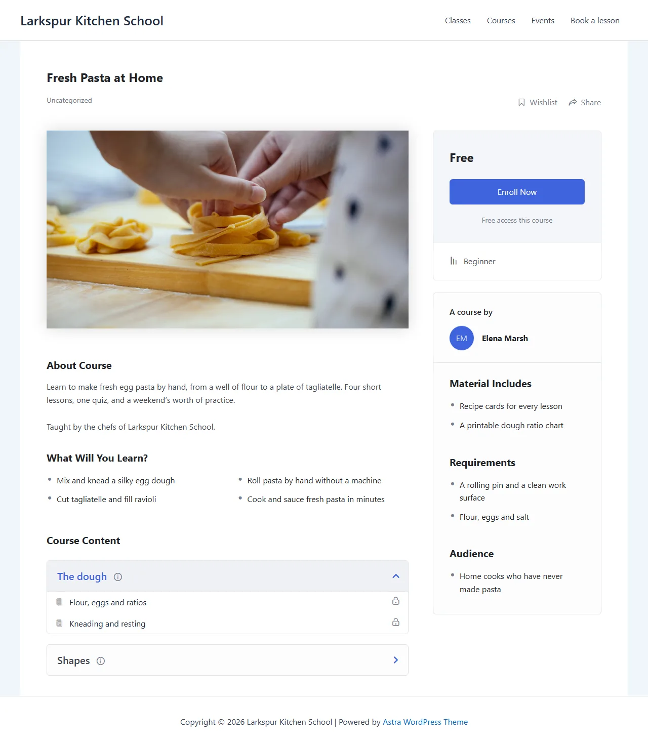 Tutor LMS course page for Fresh Pasta at Home: a photo of hands shaping tagliatelle, a Free price box with Enroll Now, learning outcomes, and the two topics.