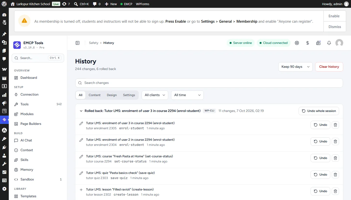 EMCP History screen listing the Tutor LMS changes by session, each with an Undo button.