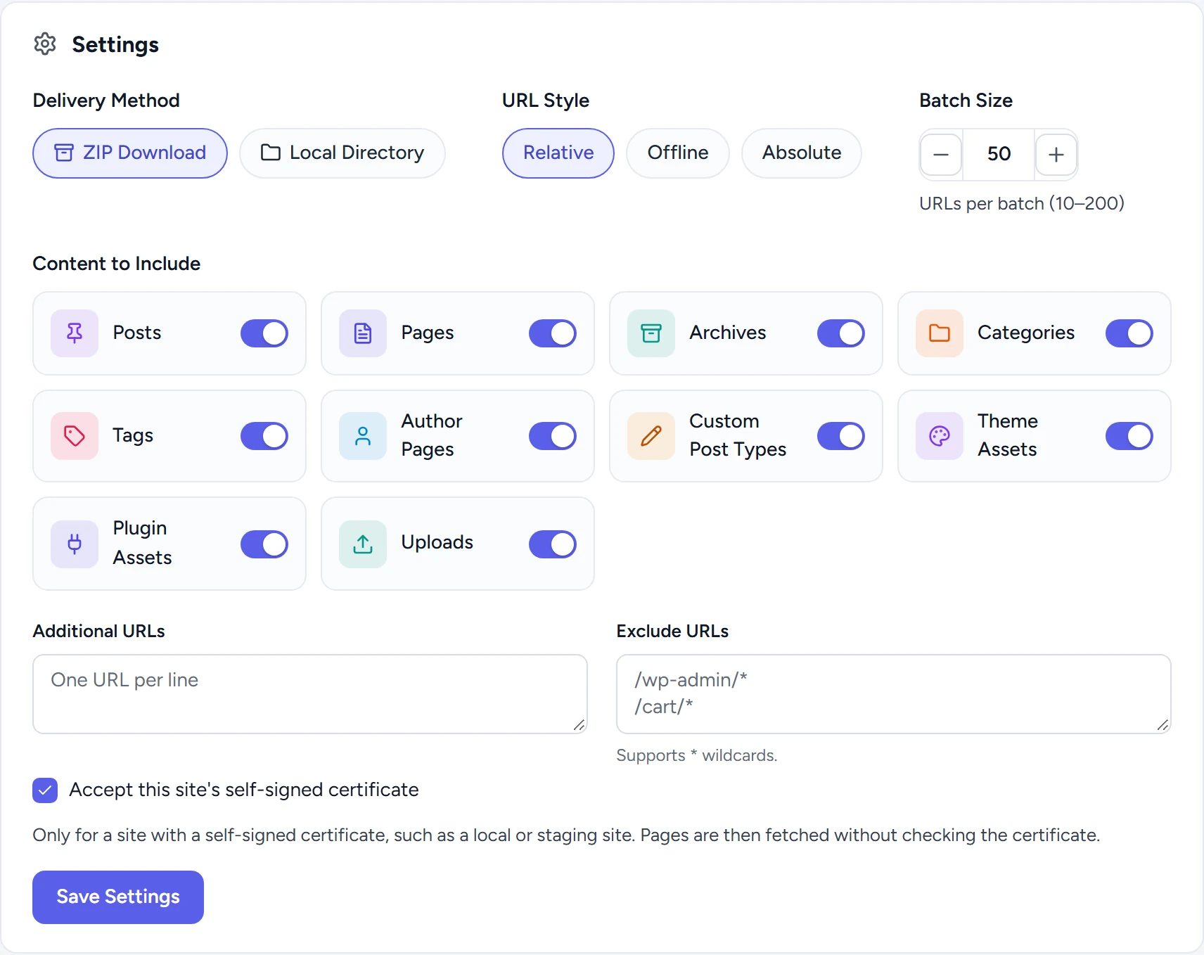 Static Site settings with delivery method, URL style, batch size and the content switches.