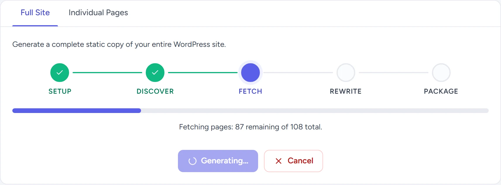 Generator progress with Fetch in progress and a Cancel button.