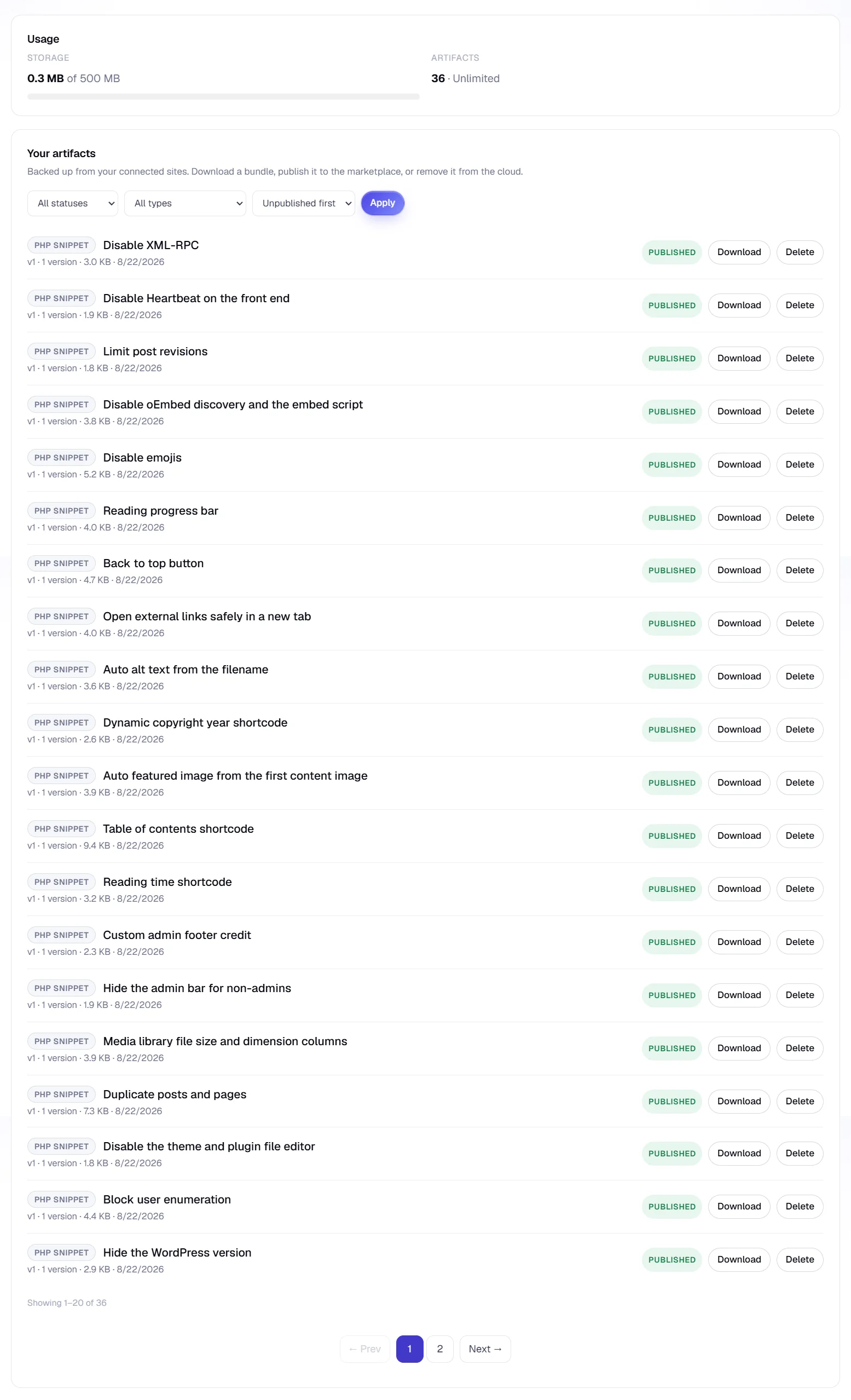 Cloud account artifact library showing storage usage, saved snippets, versions, publishing status, and download actions.